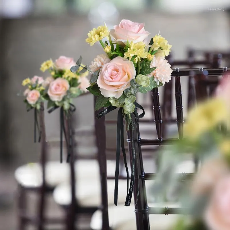 Flores decorativas faixas de cadeira buquê de fita laço de assento nó capa de volta rosa cinto arco para el banquete festa de casamento eventos decoração
