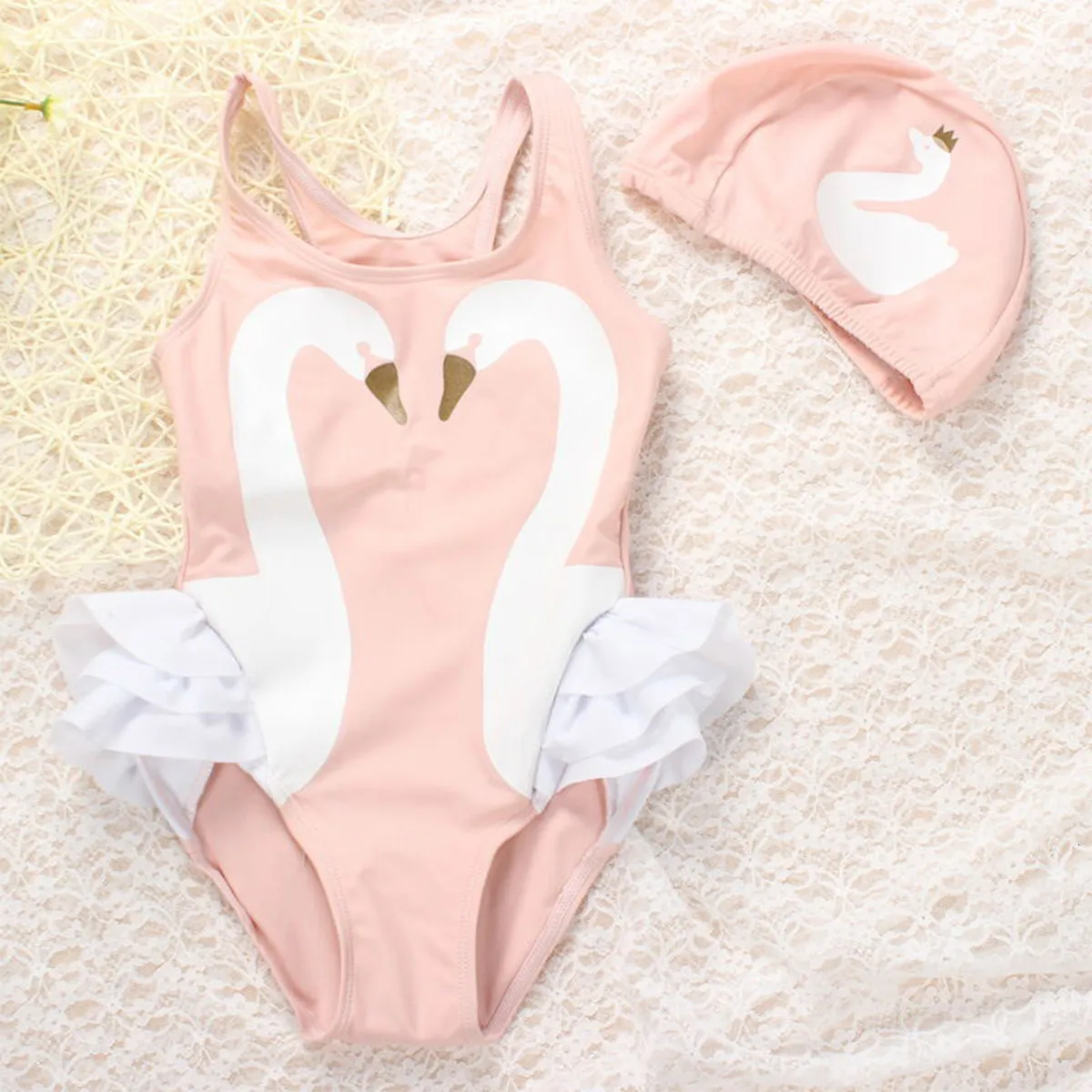 Two-Pieces Girls Swimsuit Cartoon Kids Swimwear with Swimming Cap Parrot Swan Flamingo Baby Girl Bathing Suit Swim Wear 230606