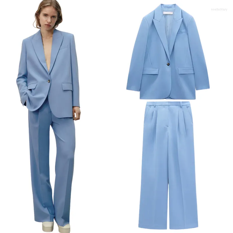 Kvinnors tvåbitar byxor Kvinnor byxa kostym Blue Balzer byxa passar Spring Formal Outfits Office Lady Set One Button Blazer Jacket