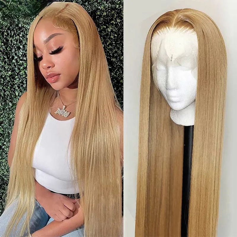 Ginger brown lace front wig with blonde highlights straight Honey Blonde Wig With Ginger Highlights Straight Hair  main image 4