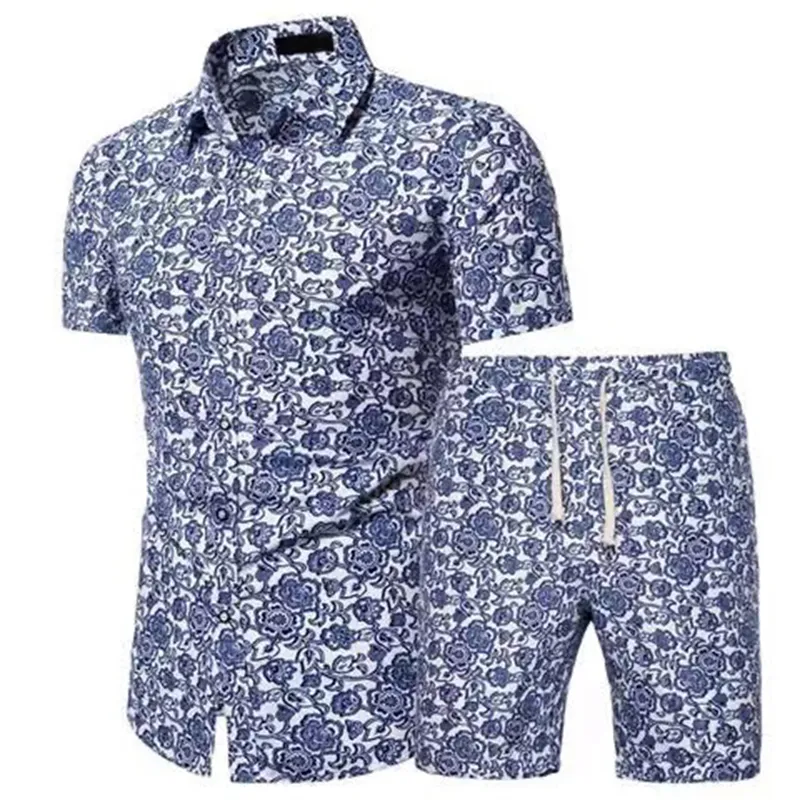 Men Shirts+Shorts Set New Summer Casual Printed Hawaiian Shirt Short Male Printing Dress Suit Sets Plus SizeM-4XL