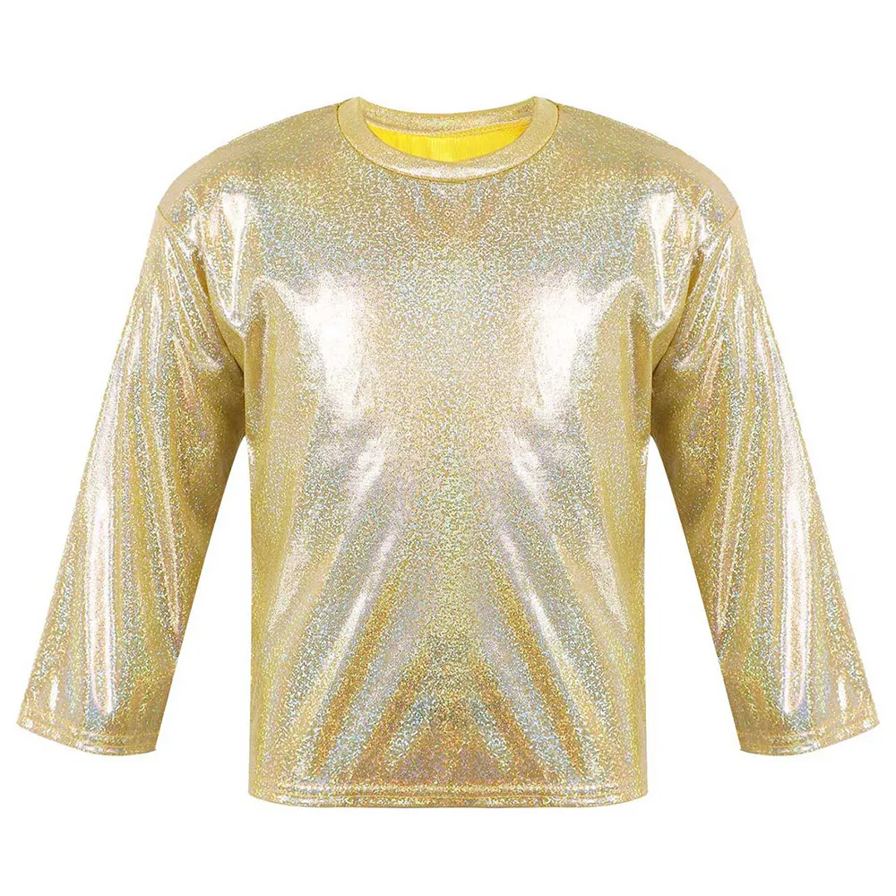 T-shirts Unisex Kid Boys Girls Shiny Metallic T Shirts Long Sleeve Loose Dance Crop Tops for Stage Performance Party Ballet Dance Top 230606