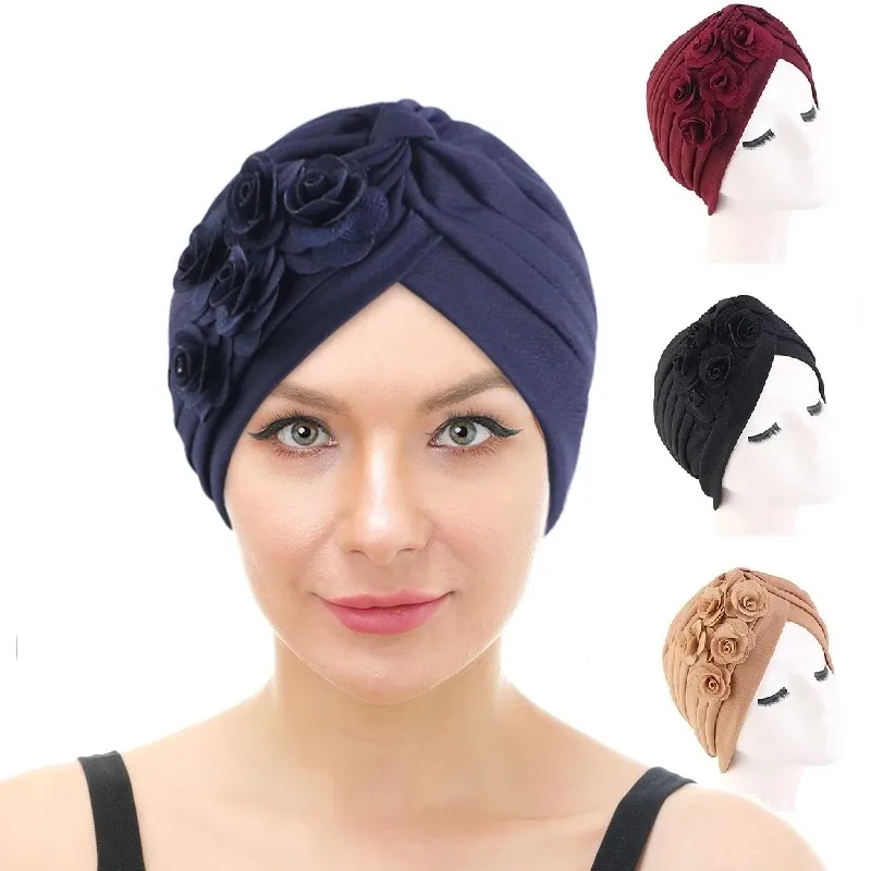 New Women's flower Turban Hat Ready African Headtie Wedding Party Headwear Chemo Knotted Indian Cap Muslim Hijab Bonnet Turbante