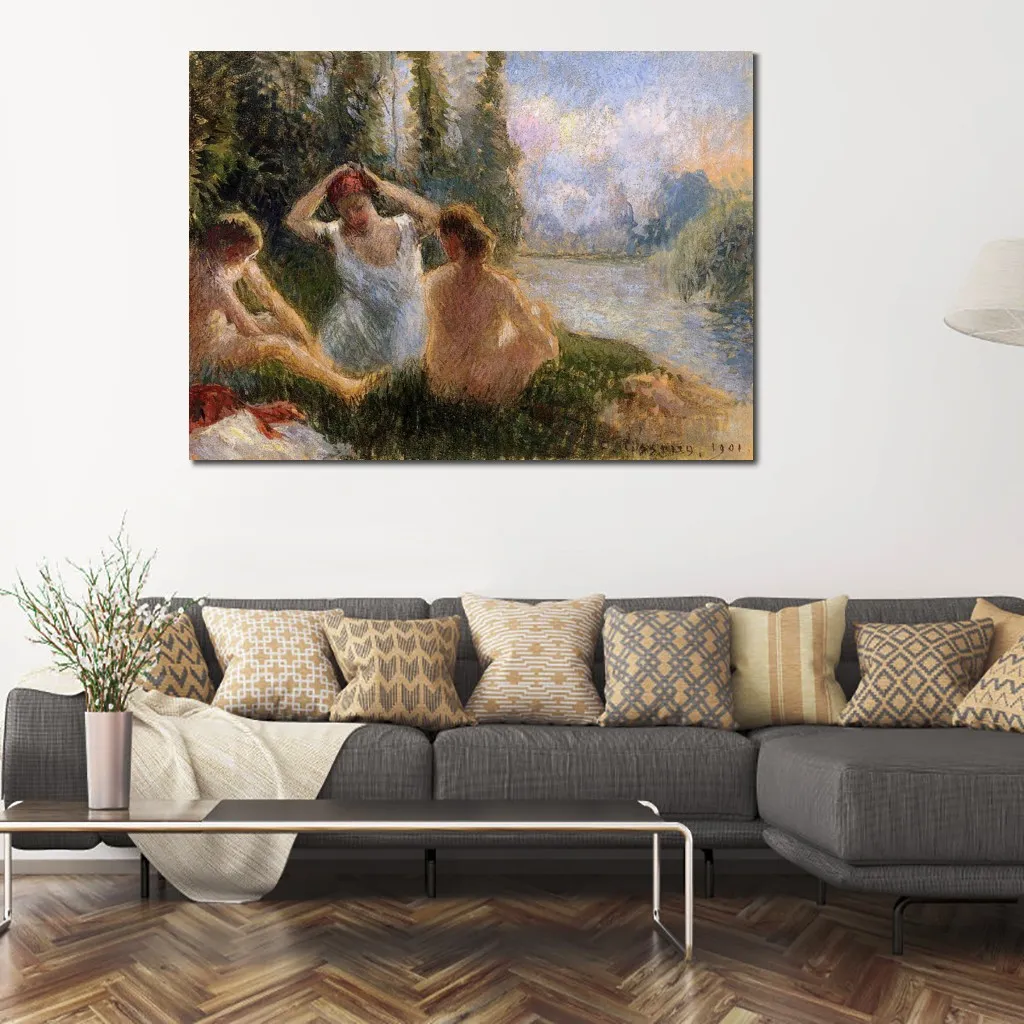 Canvas Art Impressionist Bathers Sitting On River Camille Pissarro Landscape Painting Handgjorda romantiska dekor för kök