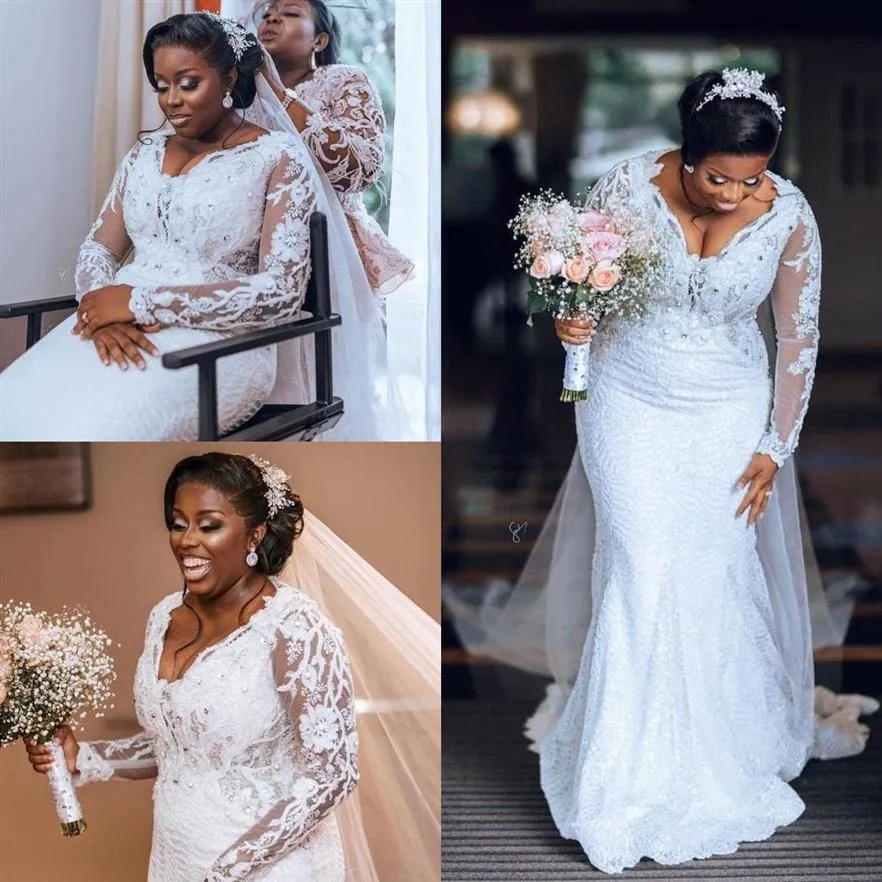 Magnifique 2021 Blanc Africain Sirène Robes De Mariée En Dentelle Plus La Taille Pleine Manches Appliques Perlée Vestidos De Novia Longue Mariée Gow261h