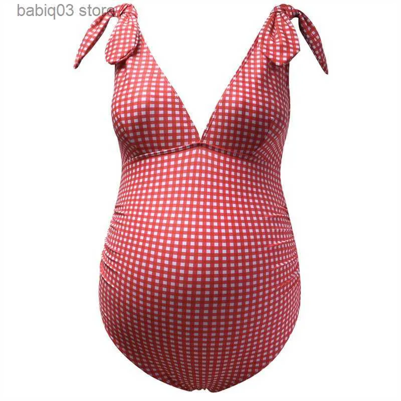 Moderskap Swimwears Maternity Swimsuits En bit graviditet Badkläder kostym V-Neck Knutade axelremmar Baddräkt T230607