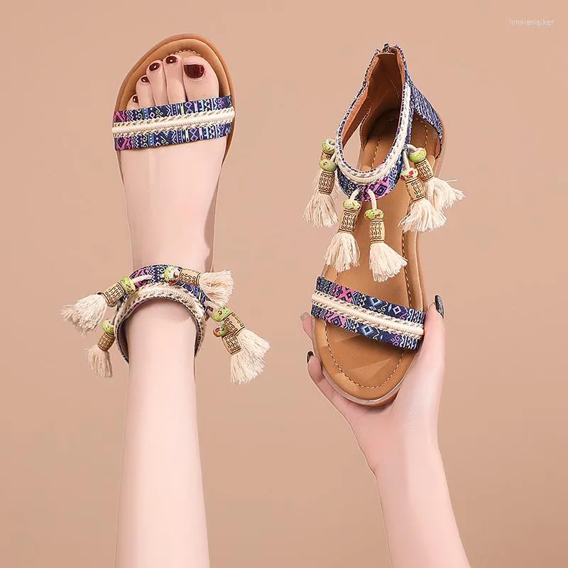 Sandals Summer Trend Trend Tassel Designer Casual Women Outdoor Open Open Tee Retro Flat Shoes Bohemian Roman 2023