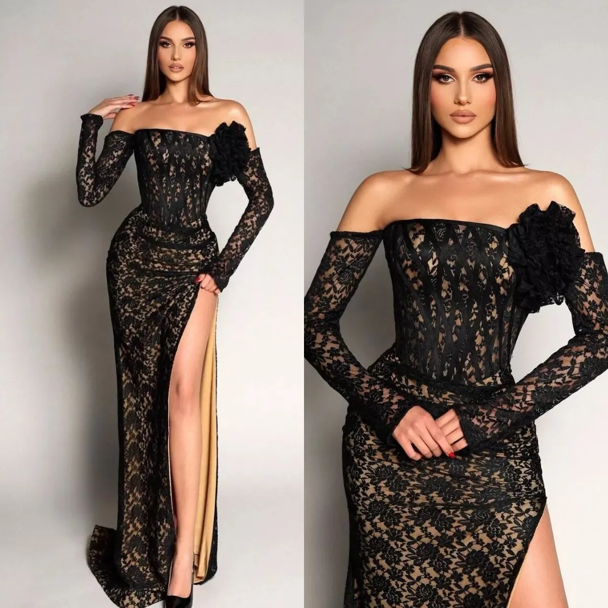 Superbes robes de soirée noires sur l'épaule à manches longues en dentelle robe de soirée formelle robes de plis pour une occasion spéciale