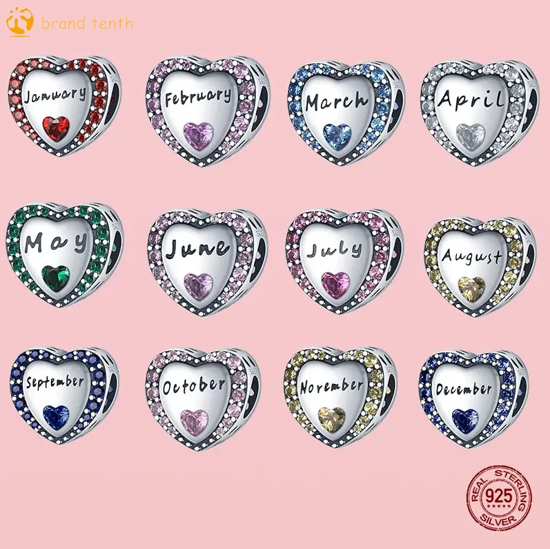 925 Sterling Silver för Pandora Charms Autentisk pärla 12 månaders Birthstone Charms Heart