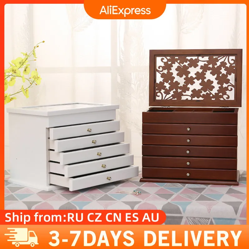 Jewelry Boxes Portable 6 Layers Wooden Box Jewelry Display Casket Earrings Ring Boxes/with Mirror Jewelry Organizer Gift Retro Box White/Brown 230606