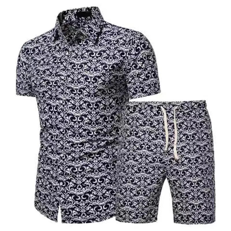 Men Shirts+Shorts Set New Summer Casual Printed Hawaiian Shirt Short Male Printing Dress Suit Sets Plus SizeM-4XL