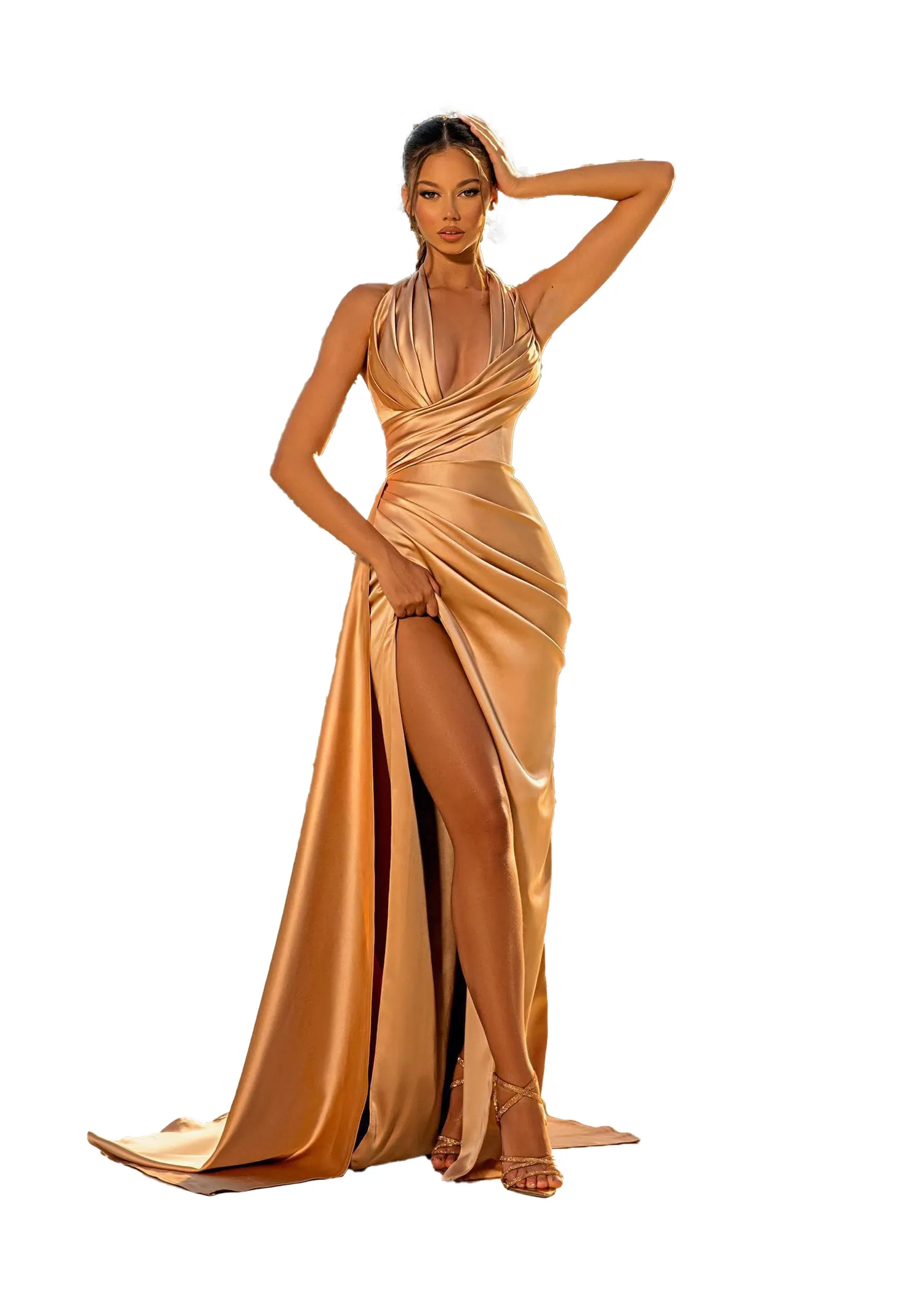 womens long gold dress A-line Sequin Empire Gold Prom Dress Long Sweep Train PSK152 US12 / Gold
