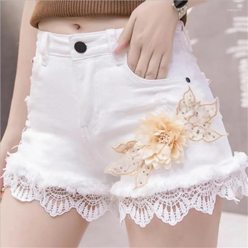 Calça Jeans Feminina Moda Shorts Jeans Branco Feminino 2023 Bordado Lantejoula Rebarba Renda Emenda Casual Cintura Alta Cowboy