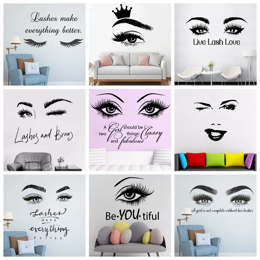 Cílios para salão de beleza Adesivos de parede com amor vivo Decoração para casa Citações para os olhos Papel de parede à prova d'água Decoração de parede Mural Decalque