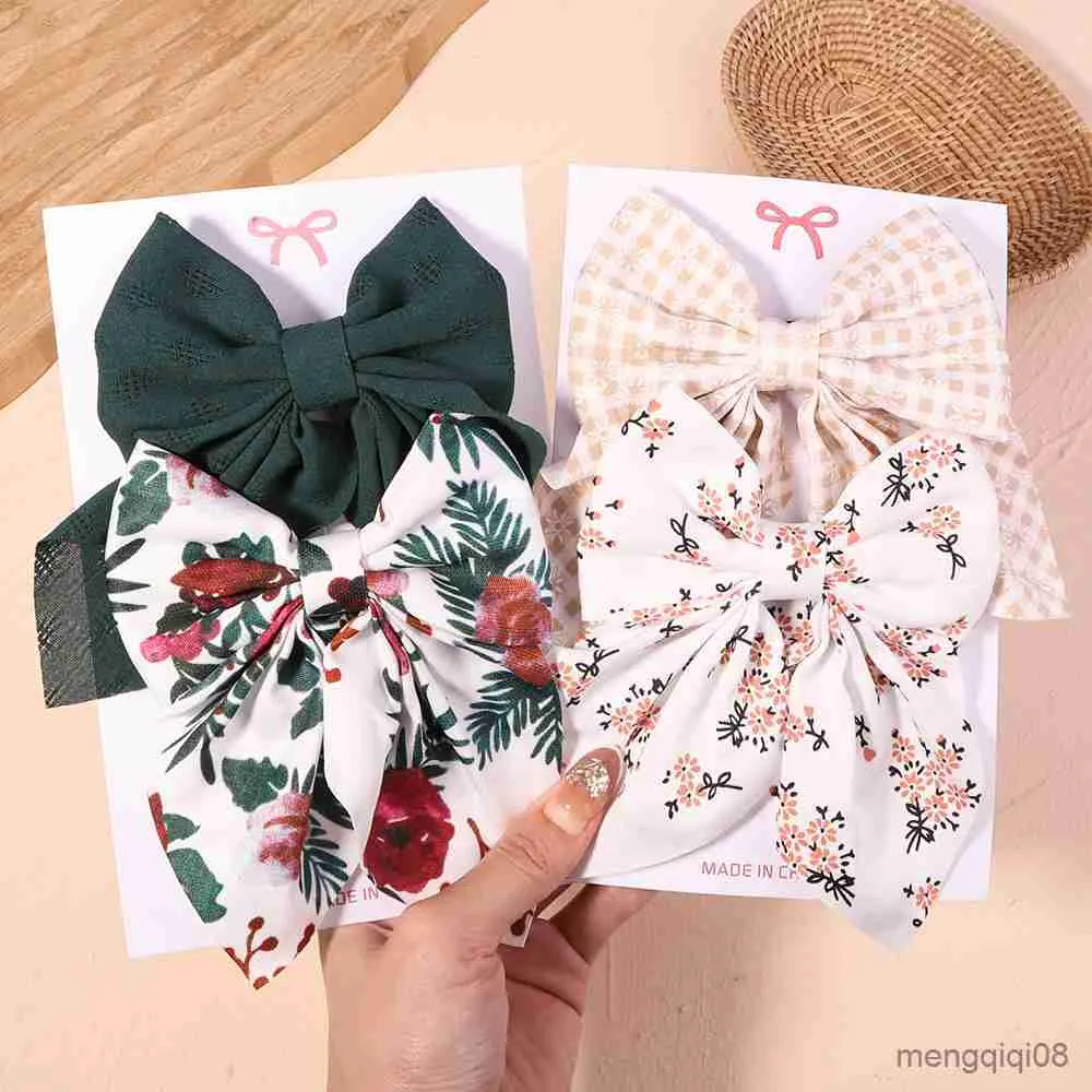 Andra 2st/set Women Girls Sweet Solid Bowknot Hair Clips Print Bows Hairpins Ribbon Barrettes Duckbill Clip Headwear Accessories R230608