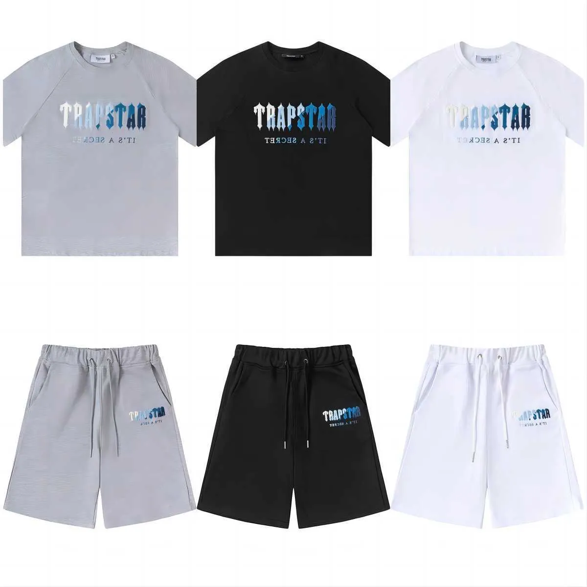Zomer Wit Blauw Borduurwerk Mode Casual Losse Ronde Hals Trapstar Korte Mouw T-shirt Capri Shorts Heren en Dames Sport Set shirt