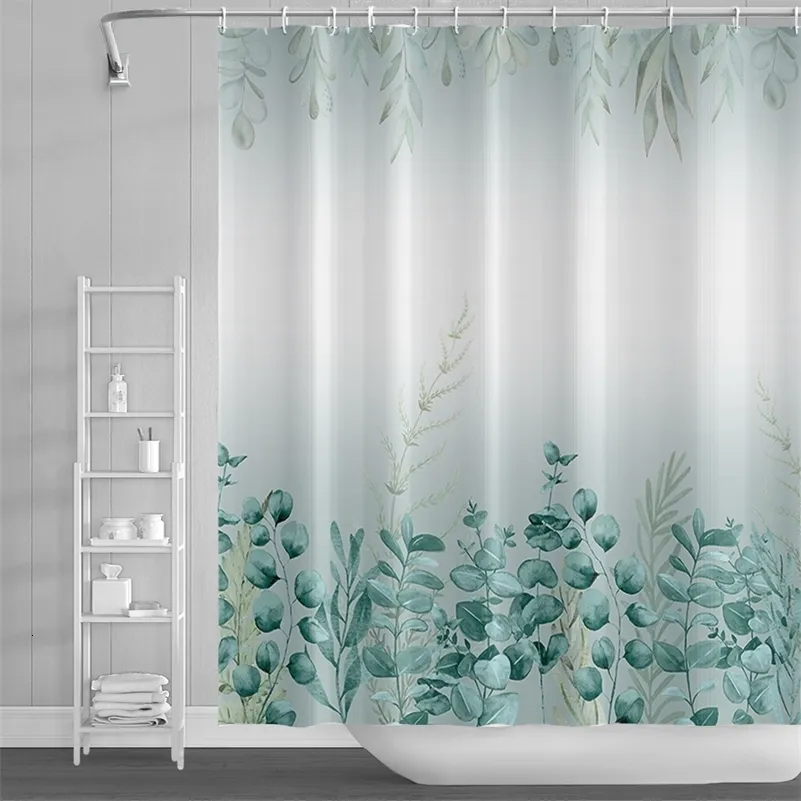 Shower Curtains Green Eucalyptus Leaves Shower Curtains Watercolor Boho Floral Waterproof Morden Bathroom Bathtub Curtain Room Decor With Hooks 230607