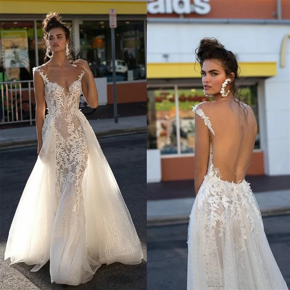 2019 Berta Beach Gelinlik A-line Sırtsız Dantel Aletler Boho Gelinlik Kapağı Kollu Tül Tül Yaz Gelin Dress263L