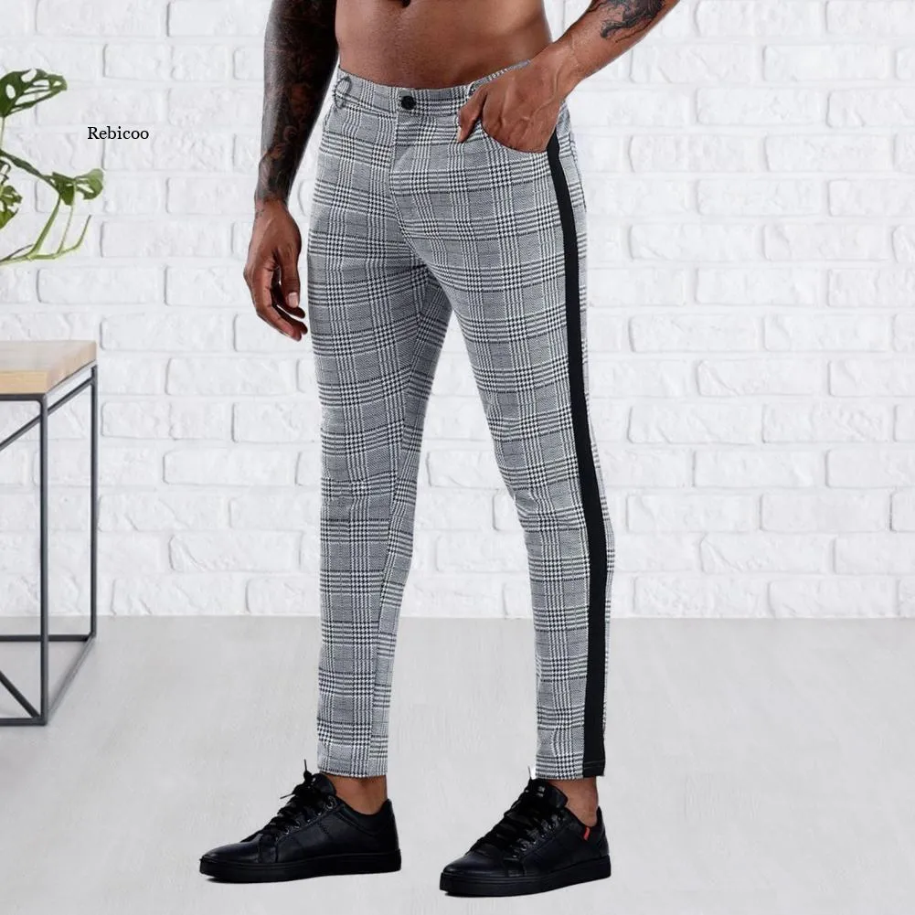 Byxor män pant pläd mönster andningsbar polyester elastiska manliga mager byxor för arbete joggar streetwear penna byxor för män byxor