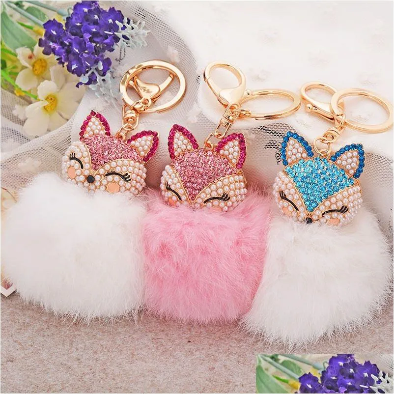 Party Favor Head Rabbit Fur Ball Keychain Soft Lovely Pink Metal Key Chain Pom Poms Plush Car Keyring Bag Accessory Vt0826 Drop Deli Dhtbz