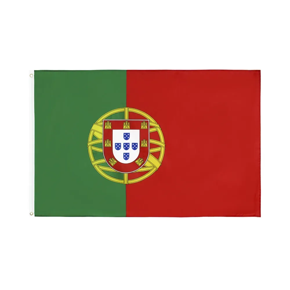 Drapeau du Portugal 90 x 150 cm en polyester de haute qualité imprimé 0,9 x 1,5 m drapeaux de pays nationaux volant à suspendre pour l'extérieur, décoration intérieure, drapeau personnalisé avec deux œillets en laiton.