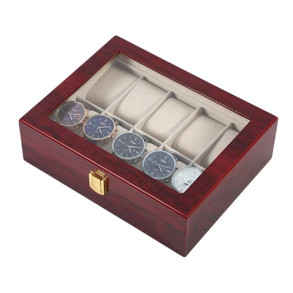 Watch Boxes & Cases 10 Grids Retro Red Wooden Display Case Durable Packaging Holder Jewelry Collection Storage Organizer Box Caske233P