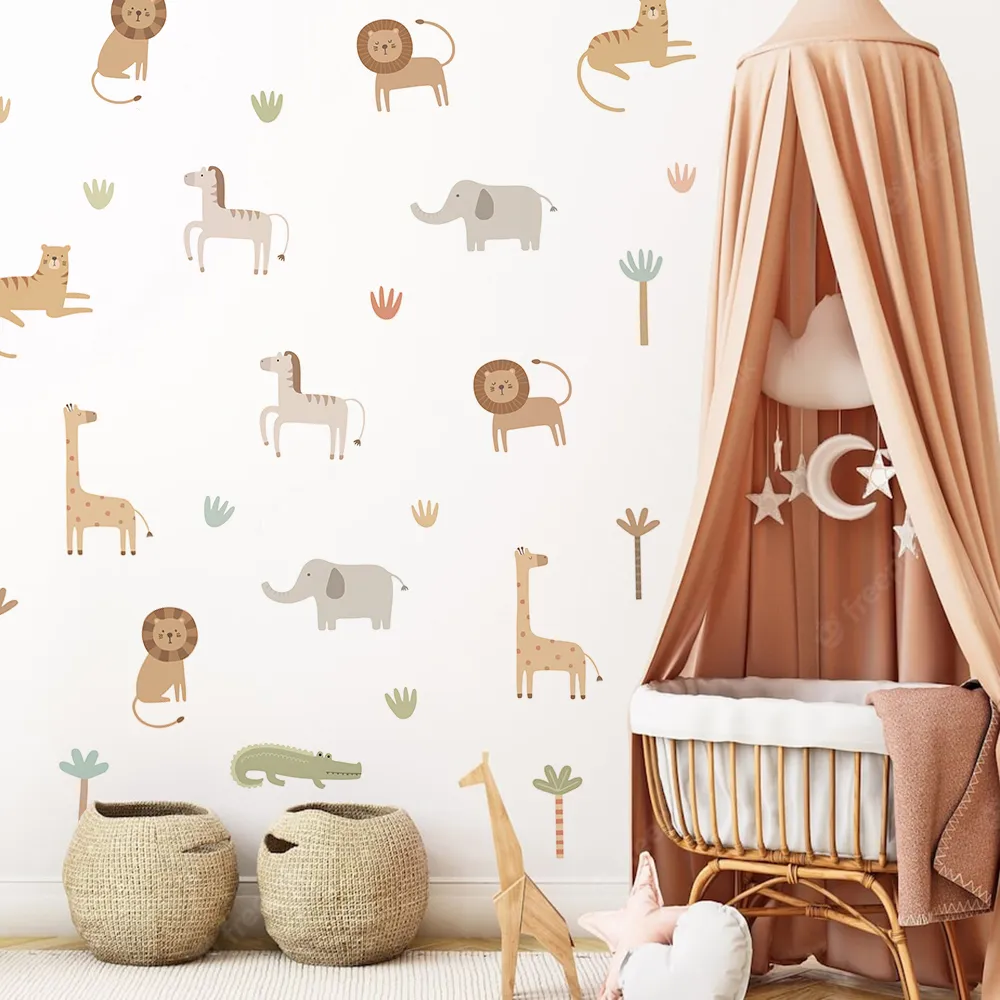 Cute Cartoon Safari Animals Lion Giraffe Elephant Nursery Wall Stickers per bambini Camere Soggiorno Decalcomanie da muro Carta da parati