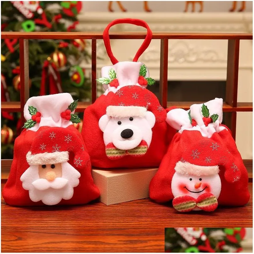 Weihnachtsdekorationen Apple Geschenktüte Flanell Süßigkeiten Cartoon Dstring Tote Weihnachten Weihnachtsmann Schneemann Bär Tragbare Tasche DBC VT1061 Drop Dhv2L