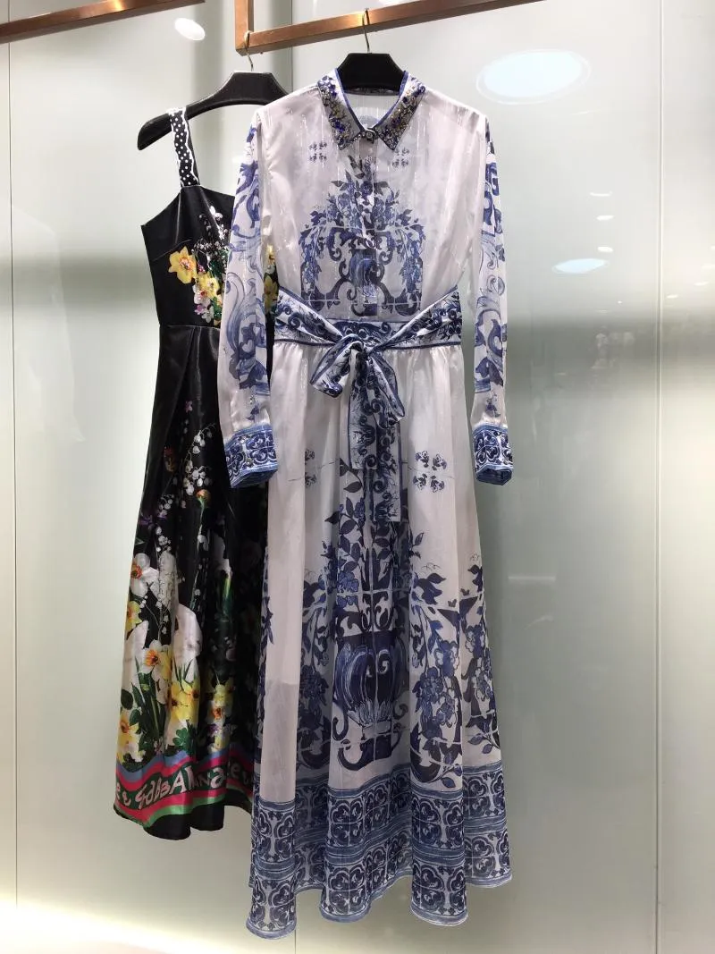 Robes décontractées 2023 femmes mode à manches longues revers perlé ceinture bleu et blanc porcelaine imprimé fleuri robe 0330