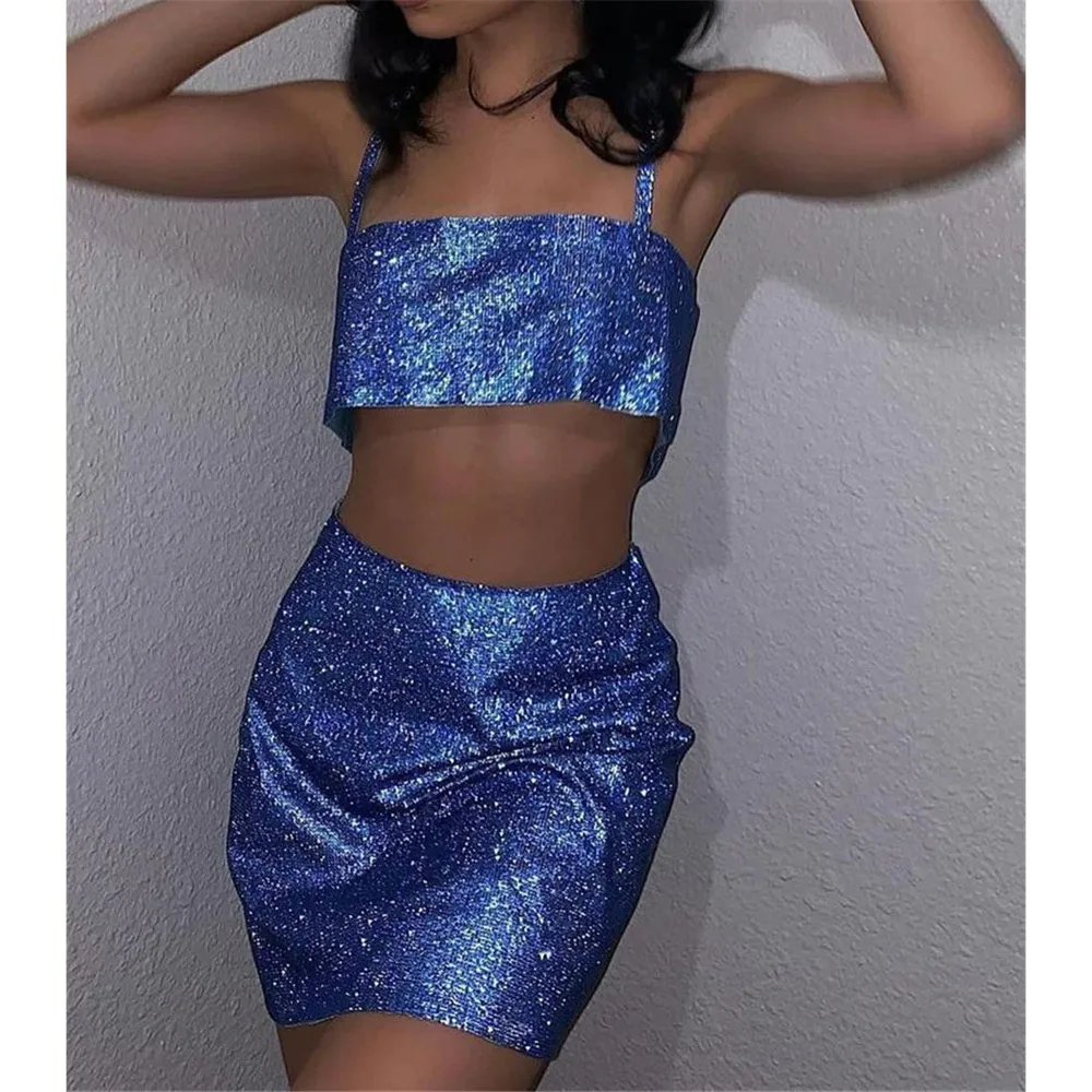 Tweedelige jurk Zoctuo Blue Glitter Womens Top Rokken Set Goth Glanzende Sexy Club Party Rok Outfits Zomer Y2k Matching Sets Night 230607