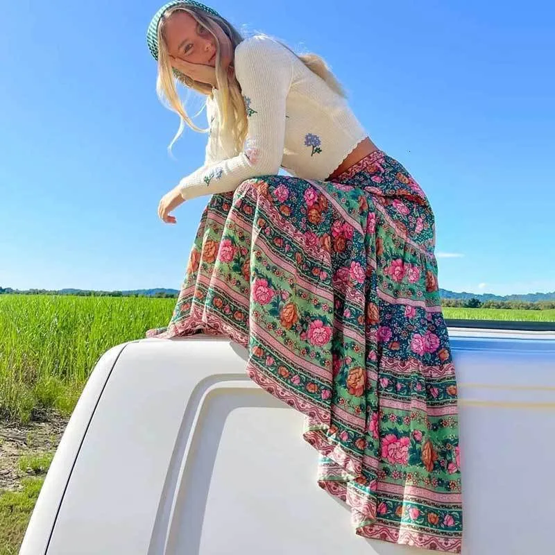 Spódnice boho inspirowane długą dla kobiet boho aline pełna spódnica kwiatowy nadruk elastyczna talia maxi spódnica letnia zielona kobieta spódnice 230607