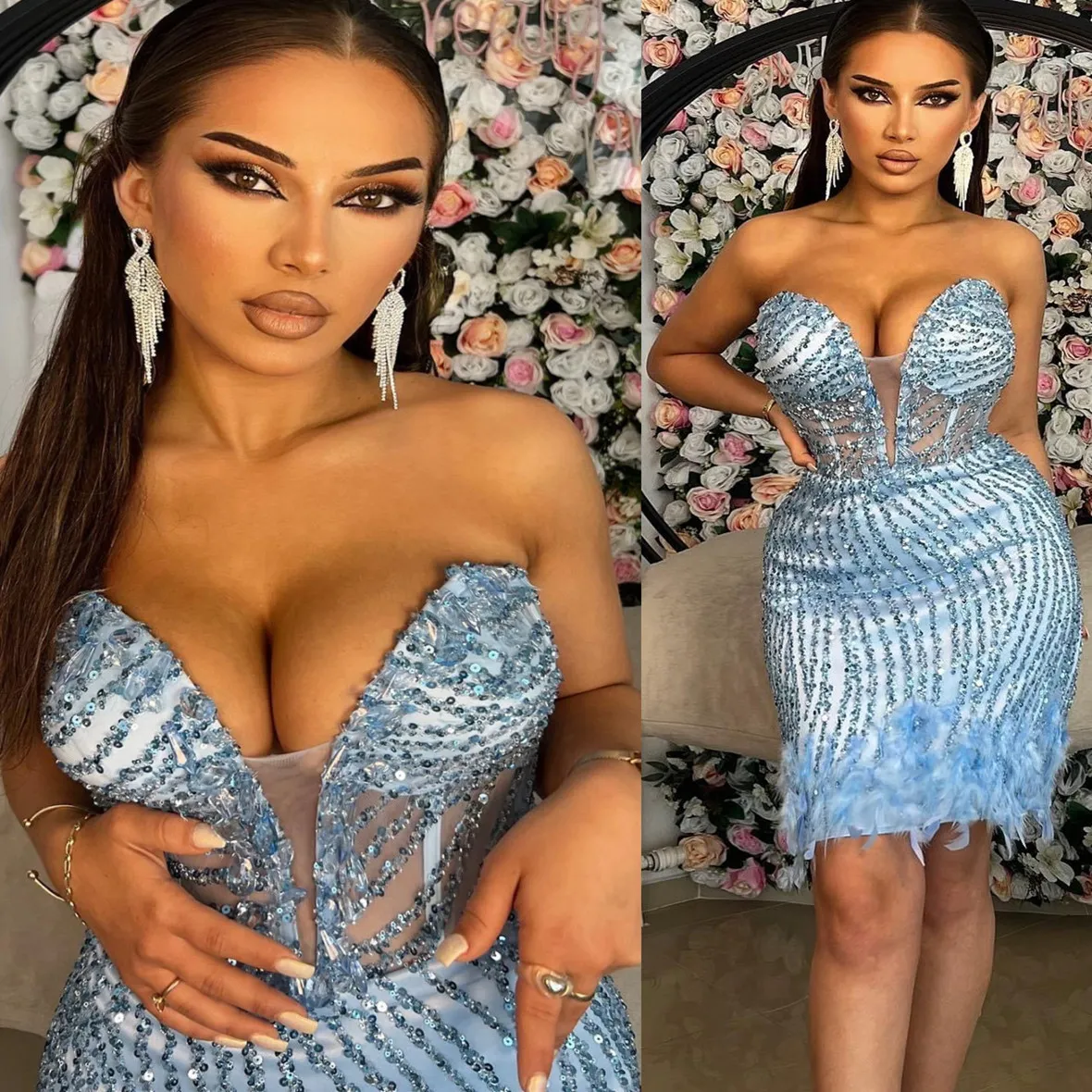 2023 Sky Blue Gheath Graduation Dress Feather reched Lace Short Mini HomeComing Party Cocktail Cocktail Prom Drons Dresses ZJ420