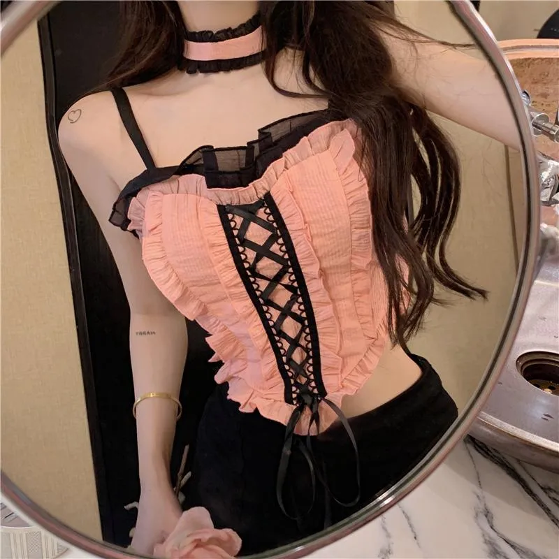 Tops Pink Heavy Industry Lotus Leaf Camisole Vest Female Summer Sweet Hot Girl Pure Desire Short Sexy Inner Tops and Outer Wear