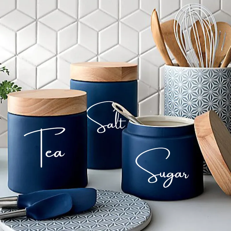 Inga burkar 8st köksorganisation Canister Jar Labels Sticker Decal Tea kaffesocker bakning salt vinyl dekal dekor