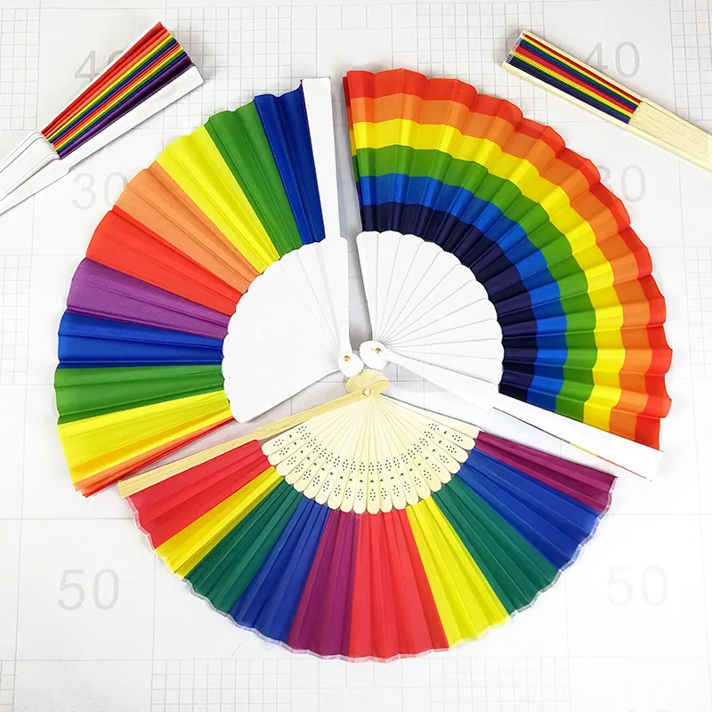 Dekoracyjne wentylatory orientalne wentylator Rainbow Hand Holding Fan taniec plastikowe żeberka dla gejowskiej dumy dekoracji fan sztuki rzemiosło