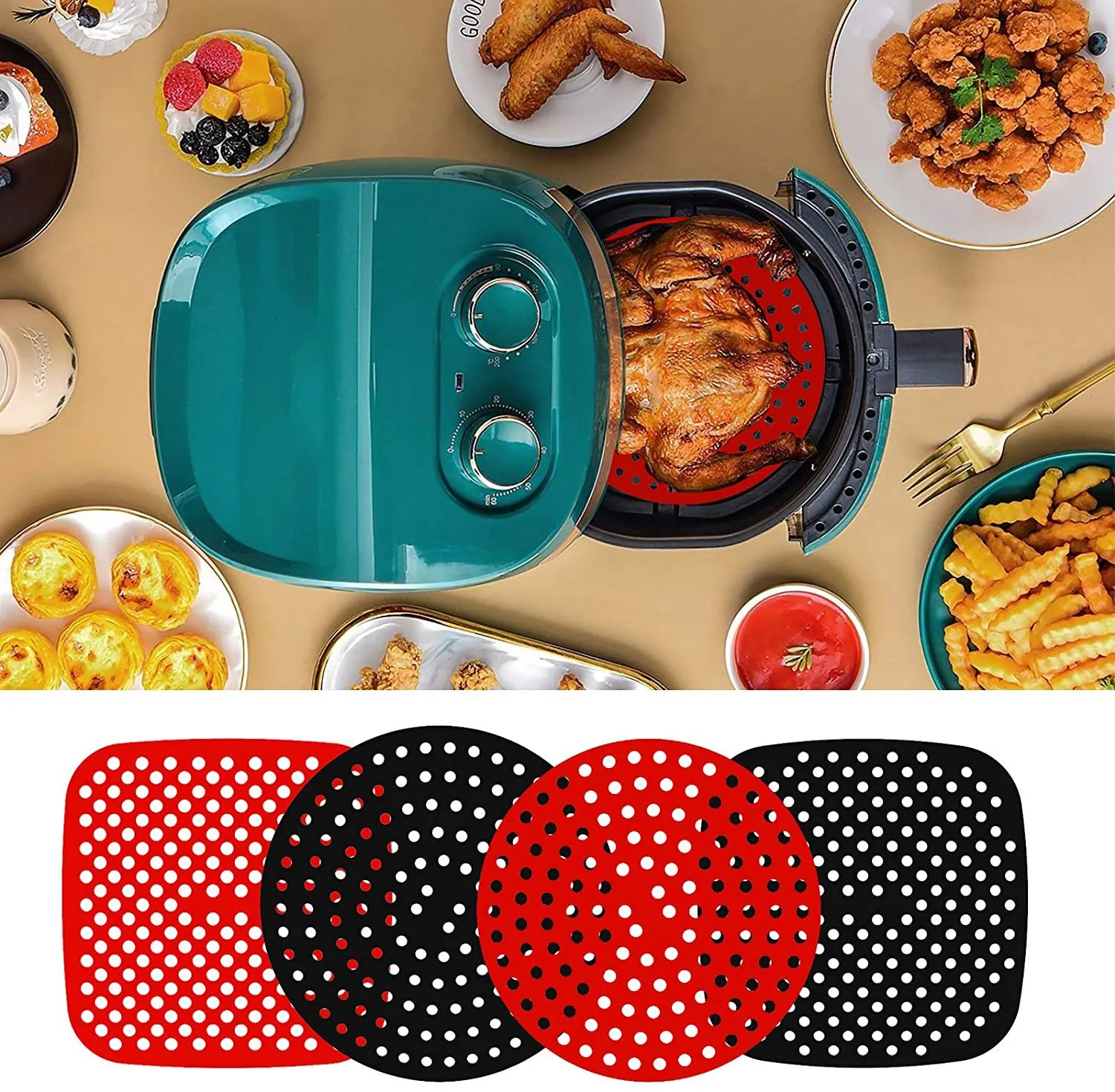 Air Fryer wyłożony silikonową podkładką akcesoriów kuchennych wkładnia do gotowania na parze żywności można ponownie wykorzystać, aby zapobiec przyklejeniu pasz na powietrzu narzędzie