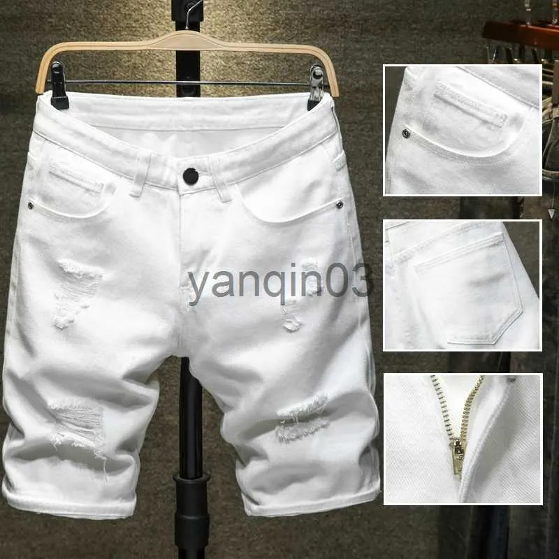 Mannen Shorts Nieuwe Zomer Wit zwart Mannen Gescheurd Gat Denim Shorts Slim Casual Knielengte Korte Rechte Gat Jeans Shorts Bermuda voor mannen J230608