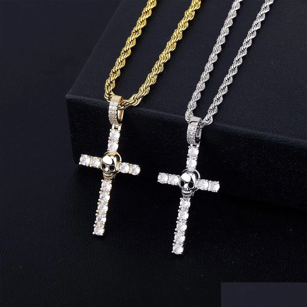 Hanger Kettingen Hip Hop Skl Cross Ketting 14K Echt Vergulde Sieraden Vrouwen Mannen Gift Drop Levering Hangers Dhvm2