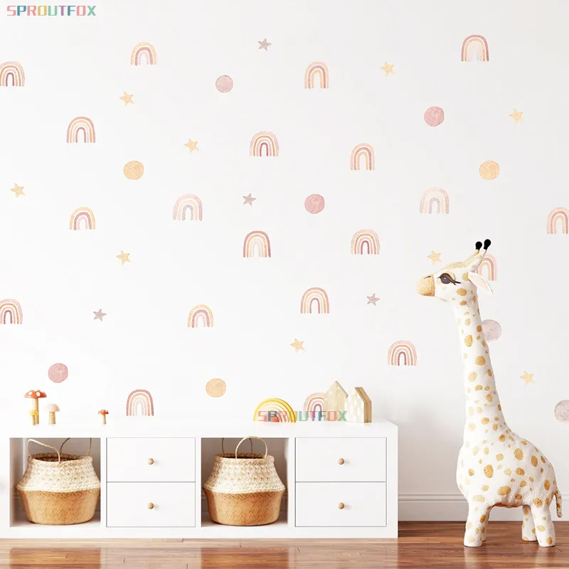 Dessin animé Boho arc-en-ciel autocollant mural pour chambre de bébé enfants chambre mignon à pois étoiles pépinière autocollants décoration de la maison