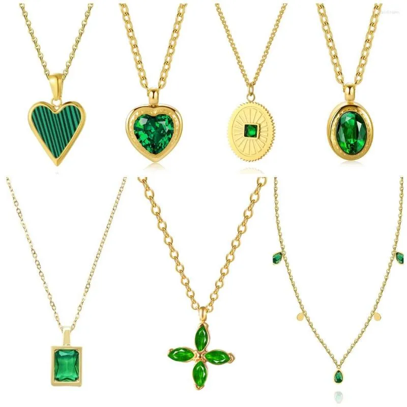 Kedjor Fashion Heart Rectangle Pendants Halsband för kvinnor Link Chain Vintage Green Gem Emerald Pendant Wedding Jewelry