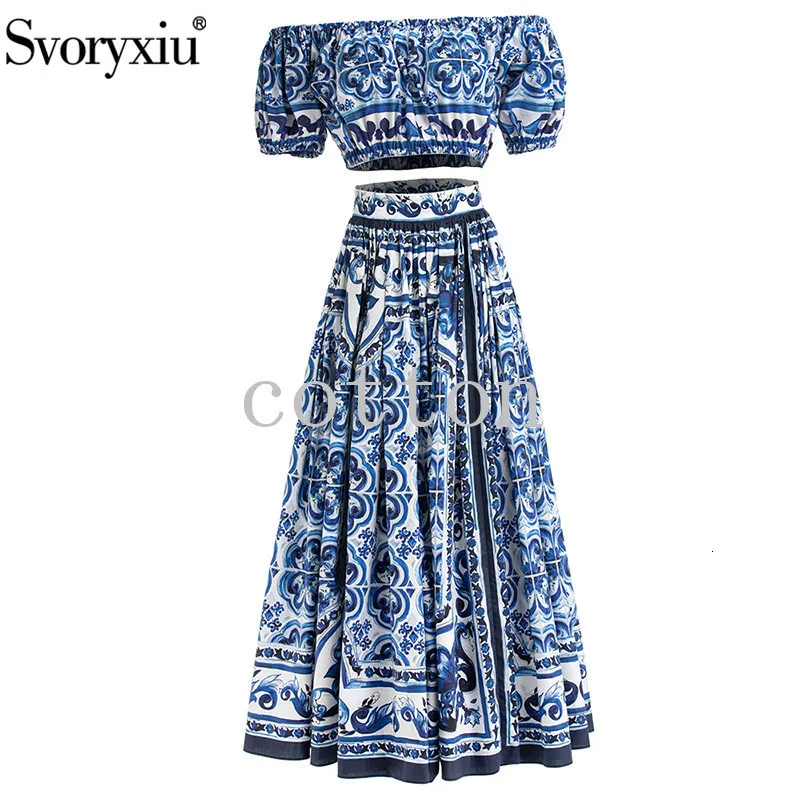 Vestido de duas peças Svoryxiu estilista verão azul e branco estampa de porcelana saia de algodão terninho feminino decote canoa tops finos cintura elástica 230607