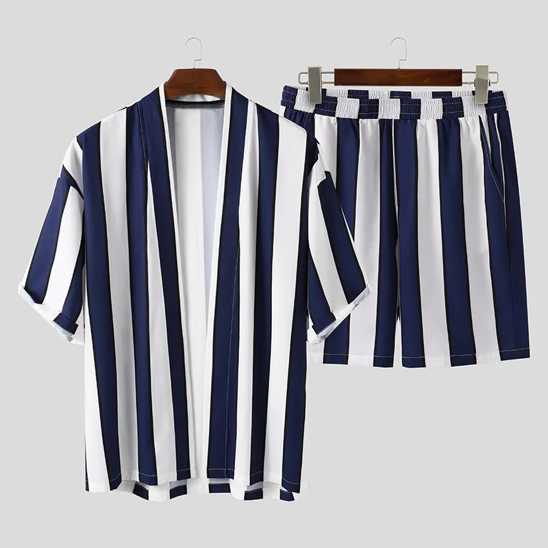Mens Tracksuits Short Sleeve Sets Japanes Style Kimono Shirt Men Black White Vertical Striped Shirts Shorts Two Pieces Outfits 230607