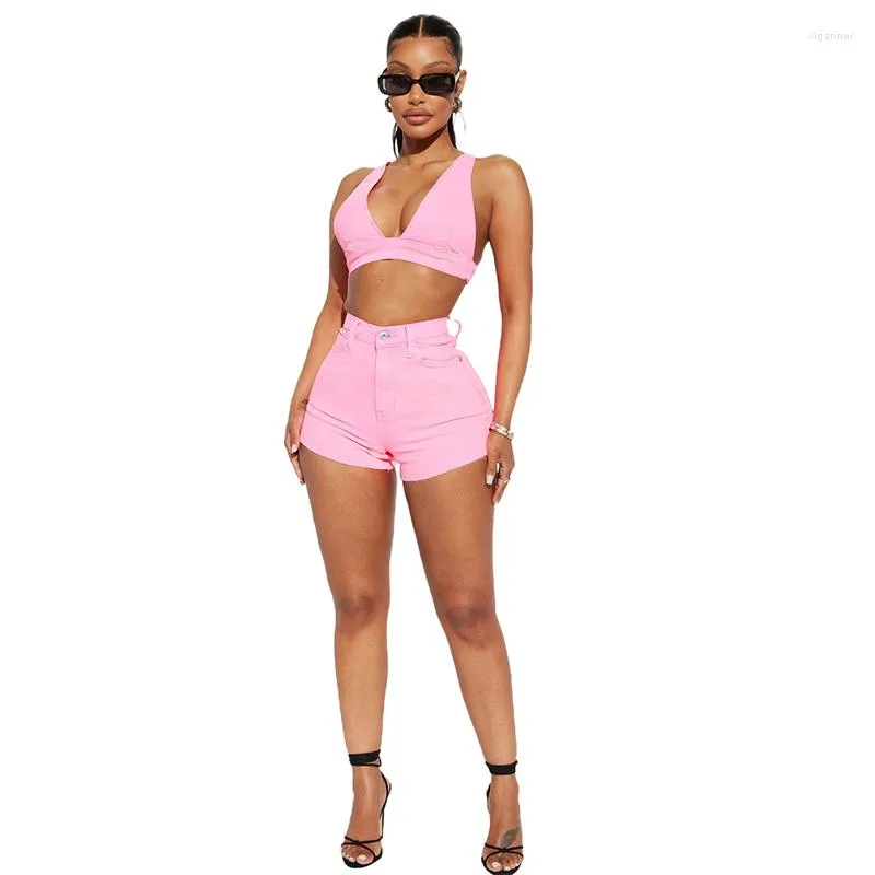 Chándales de mujer Pantalones vaqueros de color rosa sólido Conjunto de dos piezas Mujer Verano Sexy Cuello en V Sin mangas Sin mangas Crop Top Botón Pantalones cortos de cintura alta Trajes de mezclilla