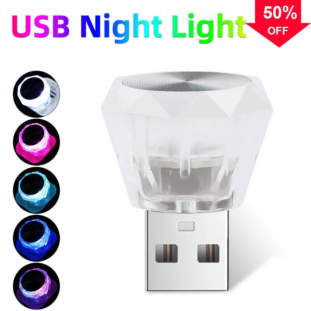 Nuevo Mini USB Night Light Car Atmósfera Lámpara Tipo de diamante Bombillas Protección ocular Computadora Carga de energía móvil Iluminación ambiental 5V