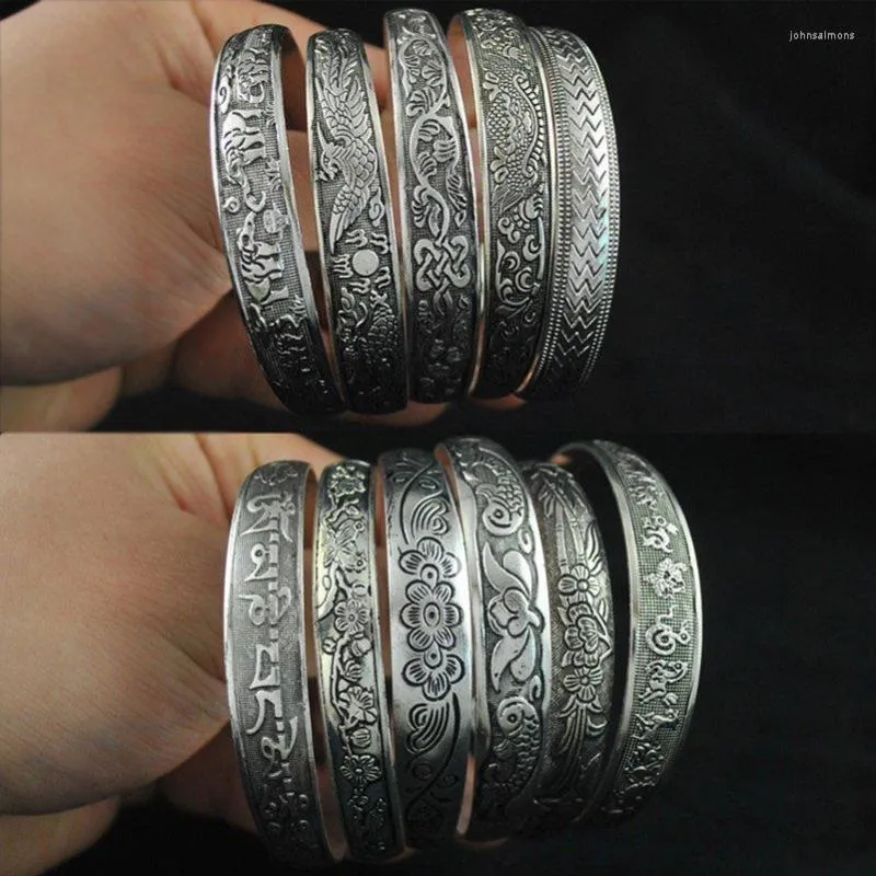 Bangle Retro Manchet Armbanden Tibetaans Zilver Metaal Carving Vis Olifant Bloem Bangles Vintage Gypsy Sieraden Vrouwelijke Geschenken