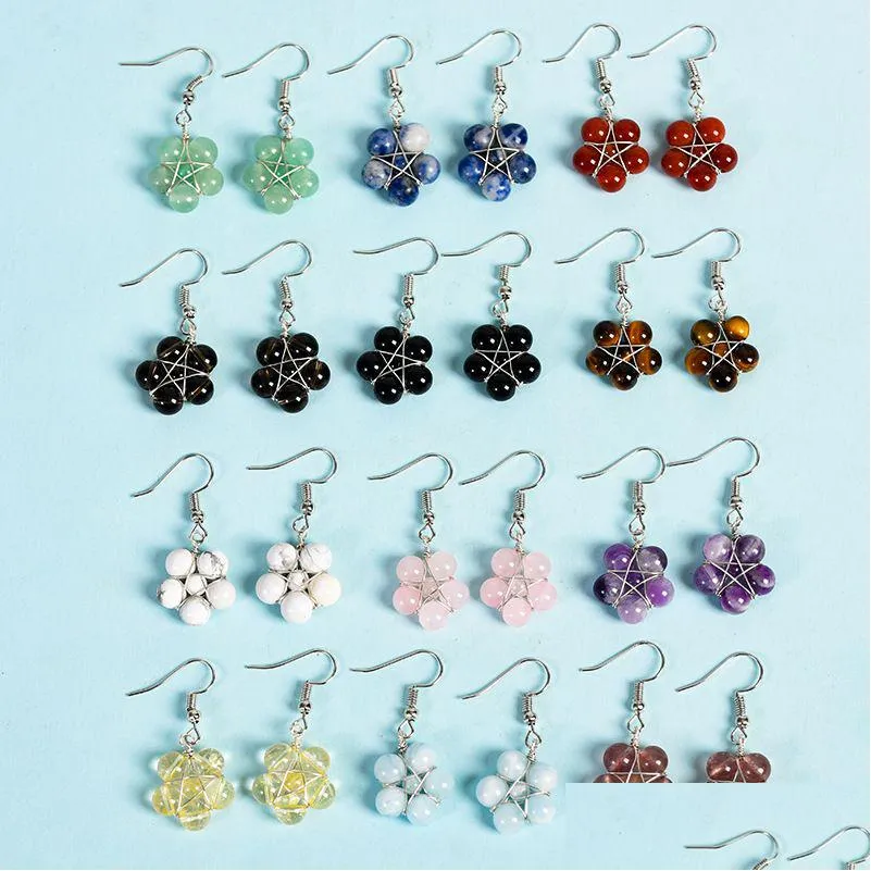 Charme 6Mm Pierre Boule Fleur Forme Pendentif Fil Enroulé Étoile Boucles D'oreilles Guérison Reiki Jade Chakra Dangle Bijoux En Gros Drop Dhgarden Dhzir