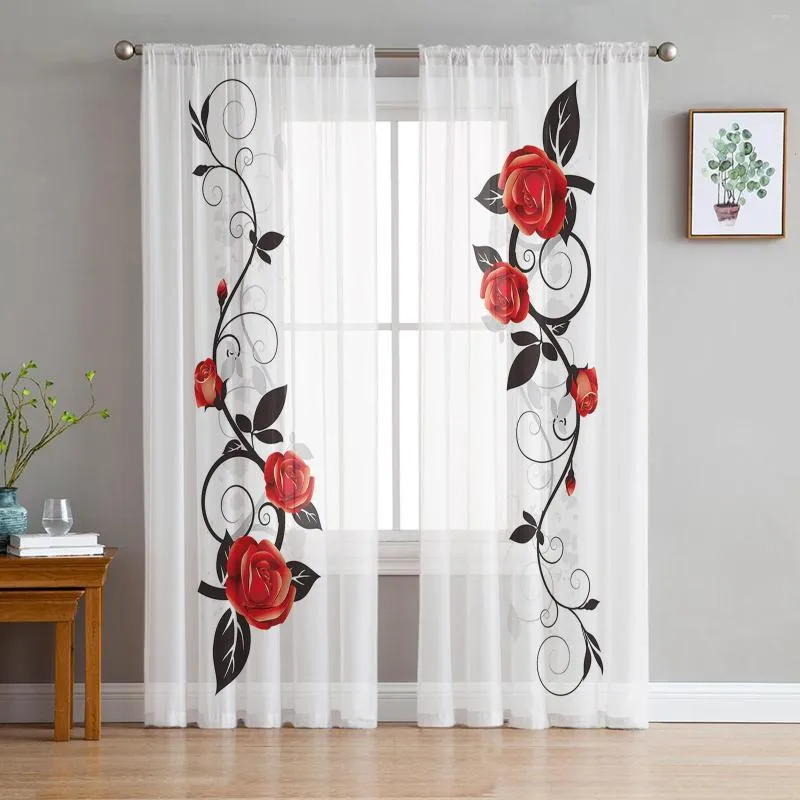 Curtain Red Rose Vine Flower Tulle Curtains For Living Room Bedroom Kitchen Decoration Chiffon Sheer Voile Window Custom Drape