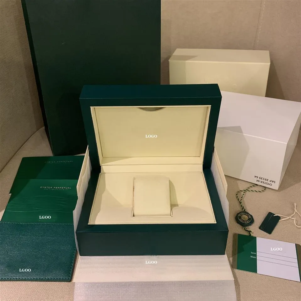 Toppkvalitet Dark Green Watch Boxes Gift Woody fodral för Rolex Watches Booklet Card Taggar och papper på engelska schweiziska klockor BO240H