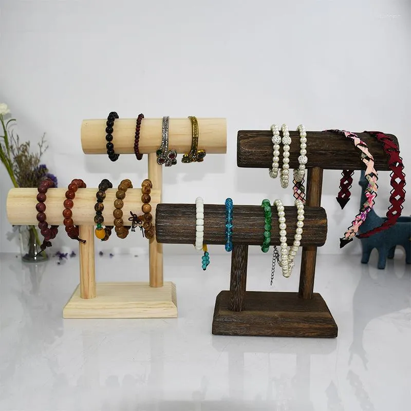 Jewelry Pouches 2-layer Solid Wood Bracelet Display Stand Watch Hand Ring Headband Storage Rack Home Decoration Store Retail