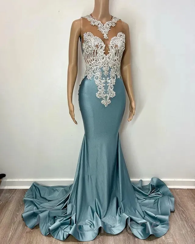 dusty blue mermaid dress Dusty Blue Prom Dress Sparkly Trumpet/Mermaid Spaghetti Straps Lace Sequins  Long Prom Dress main image 1